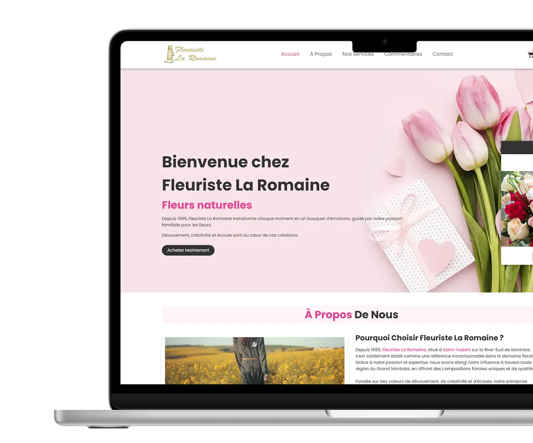Vue sur ordinateur de la page d'accueil et de la section À Propos