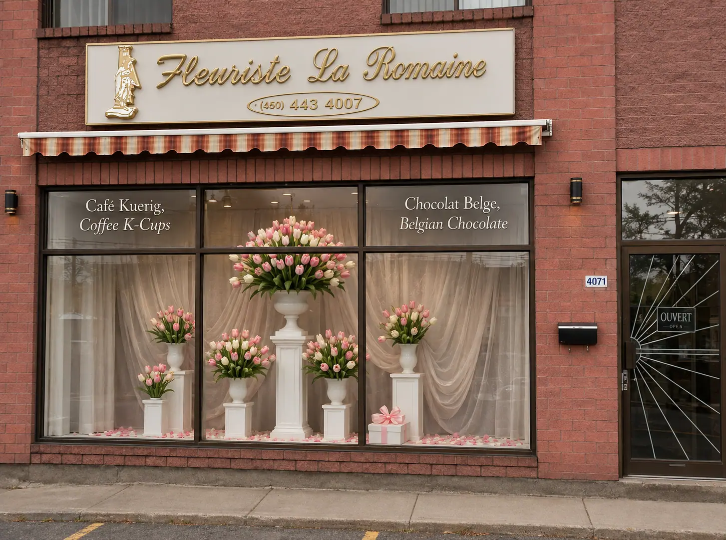 Façade en briques rouges d'une boutique de fleuriste "Fleuriste La Romaine" à Longueuil, au Québec, avec une grande vitrine d'exposition remplie d'arrangements complexes de tulipes roses et blanches dans des vases sur des piédestaux et un grand vase central en forme d'urne. Une enseigne lumineuse dorée affiche le nom du commerce et son numéro de téléphone. Un auvent rétractable en tissu rayé est visible au-dessus de la vitrine. Le texte de la vitrine annonce également "Café Kuerig, Coffee K-Cups" et "Chocolat Belge, Belgian Chocolate". La porte d'entrée porte le numéro 4071 et un panneau "OUVERT".