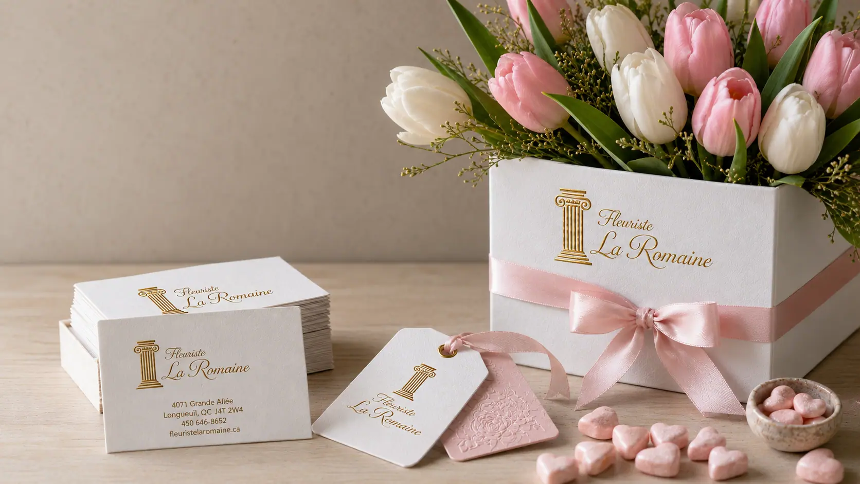 Mise en situation de l'identité visuelle de Fleuriste La Romaine comprenant des cartes de visite texturées et des étiquettes cadeaux imprimées avec un logo doré en dorure à chaud. À côté se trouve une boîte à fleurs blanche entourée d'un ruban en satin rose, remplie d'un bouquet de tulipes roses et blanches fraîches, posée sur une surface en bois clair avec de petits cœurs décoratifs.