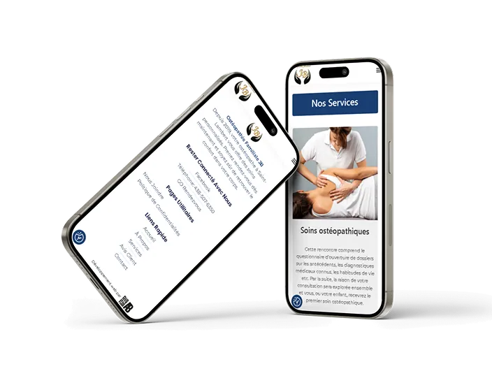 Aperçu sur smartphone de la section services et soins ostéopathiques du site Ostéopathie Familiale J.B.