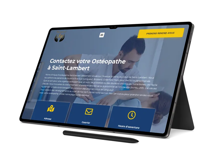 Aperçu sur tablette de la page contact et de la prise de rendez-vous d'Ostéopathie Familiale J.B.
