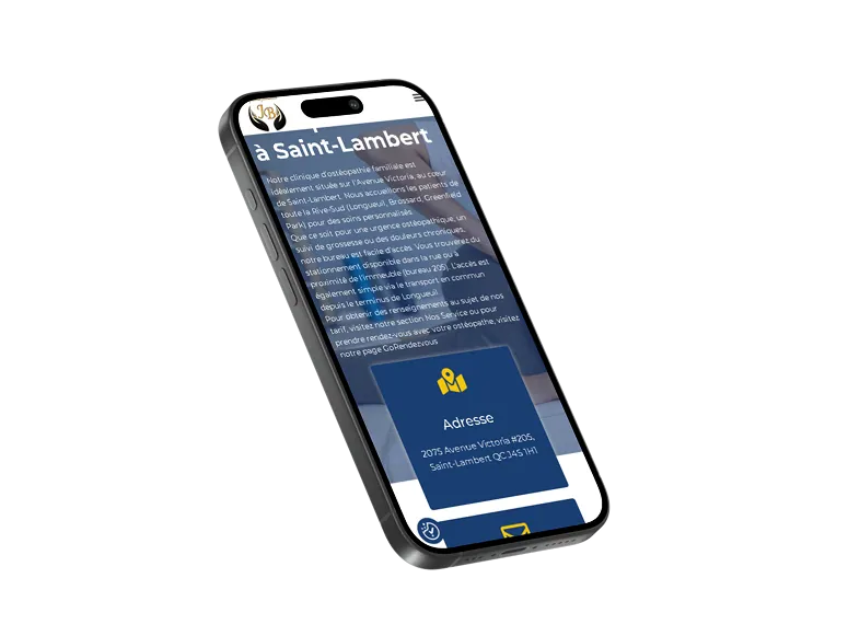 Aperçu sur téléphone des témoignages clients et du bas de page du site Ostéopathie Familiale J.B.